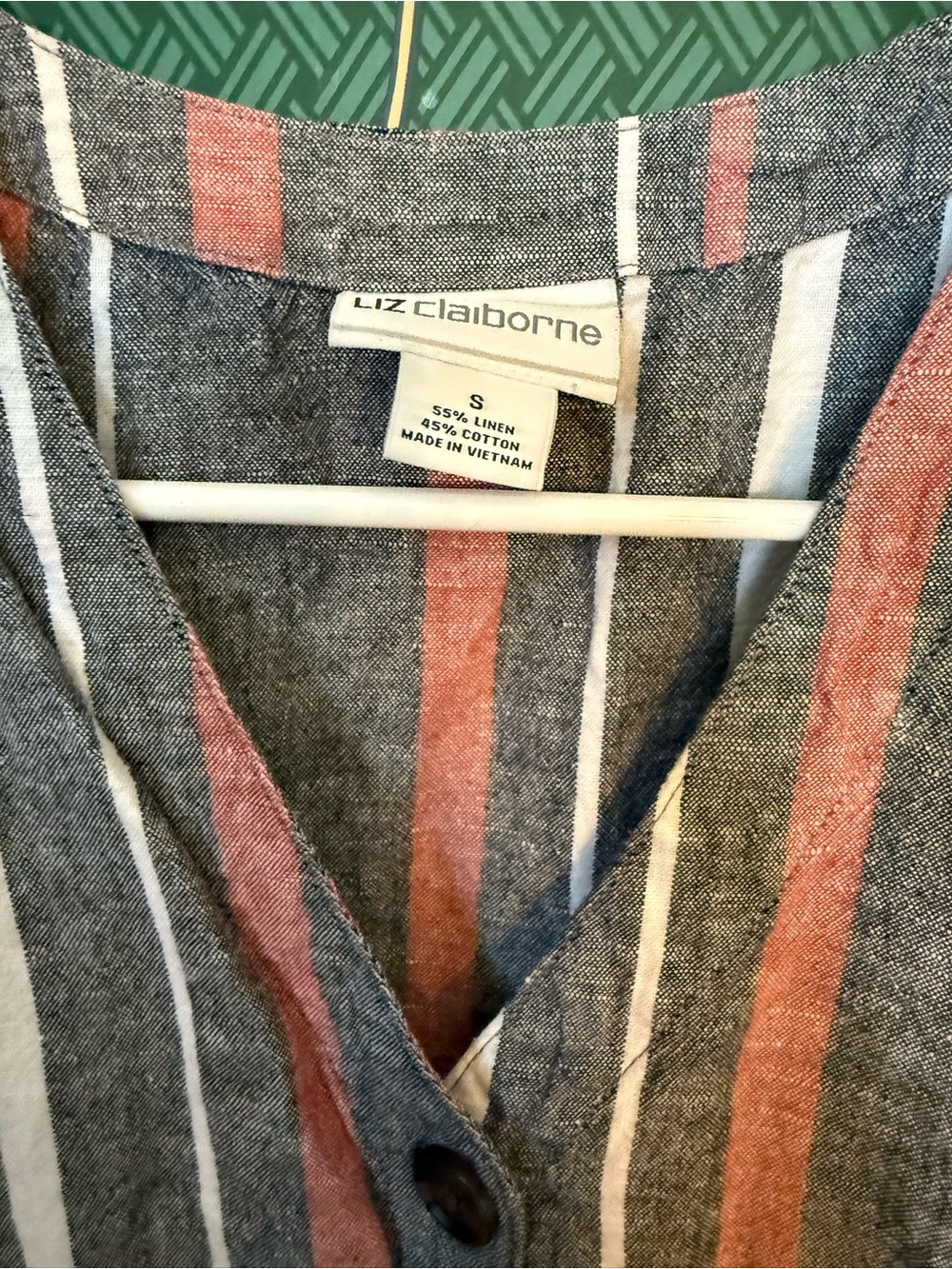Vintage Liz Claiborne Sleeveless Dress V-Neck Gray, Coral, White Stripes S - Picture 2 of 7